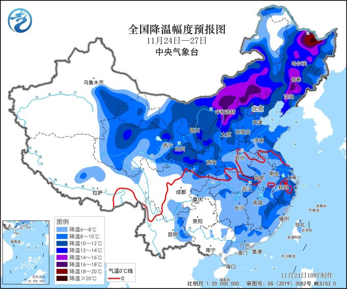 寒潮继续影响中东部地区：剧烈大风降温和大范围雨雪，内蒙古及东北地区降雪强